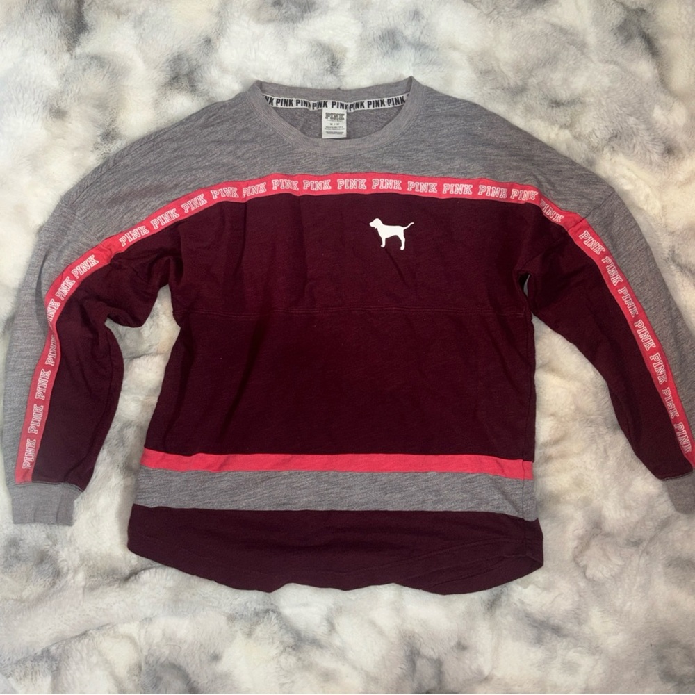 PINK Victoria's Secret Women's Burgundy and Gray Sweatshirt